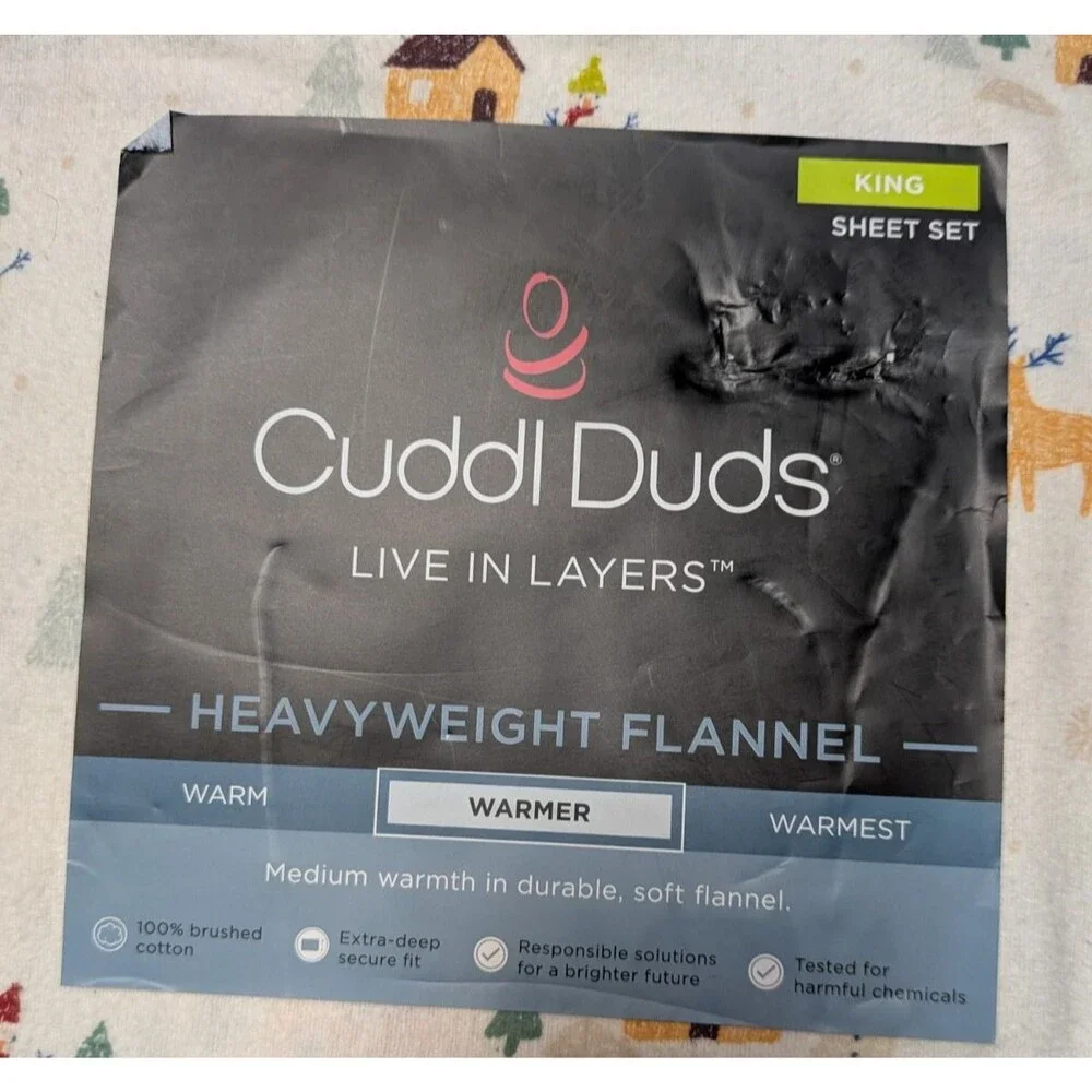 NEW Cuddl Duds King Heavyweight Cotton Flannel Sheet Set Scenic Snowmen